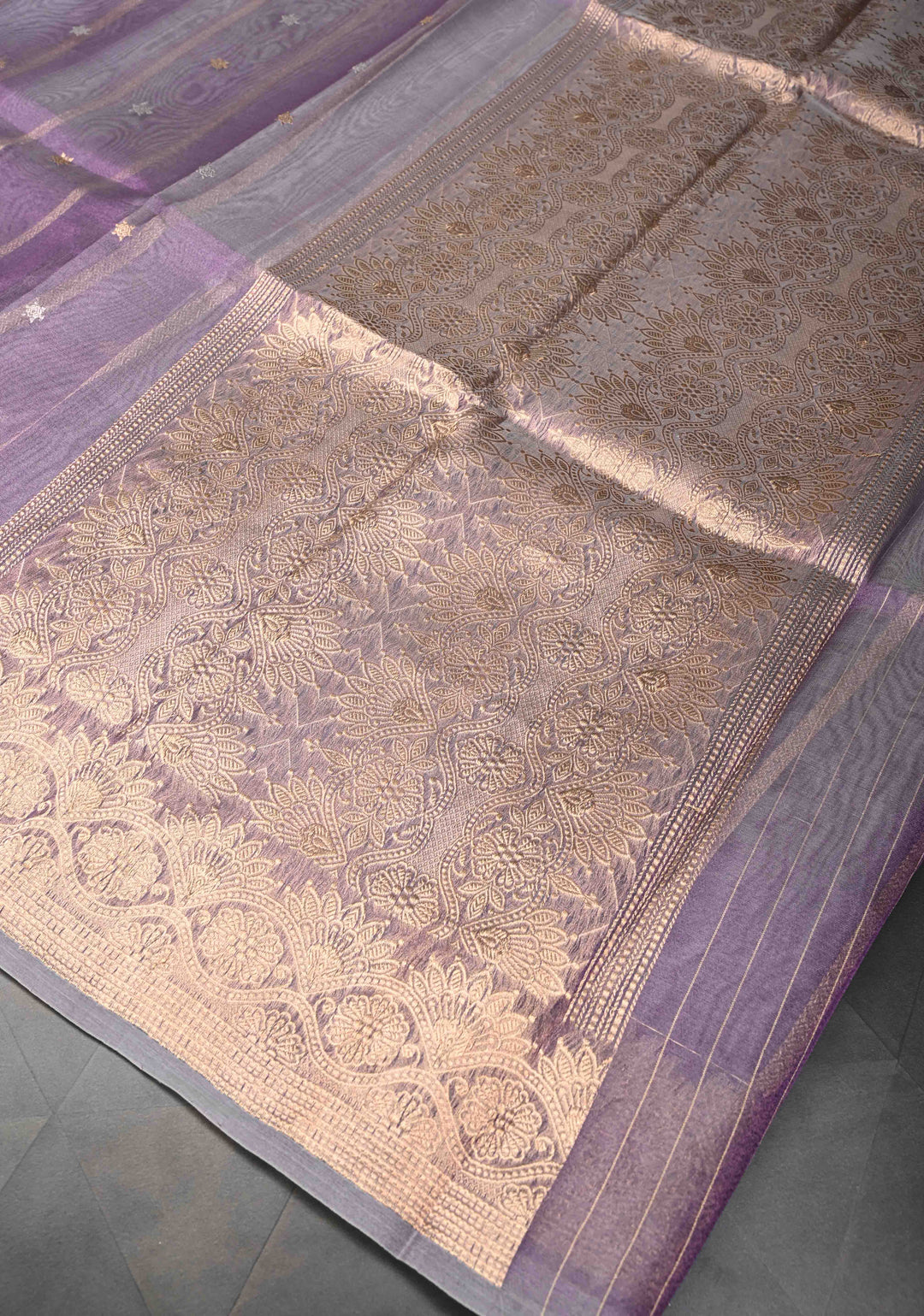 Lavender Pure Banarasi Organza Tissue Silk Saree with Sona Rupa Star Buttis and Zari Border | SILK MARK CERTIFIED