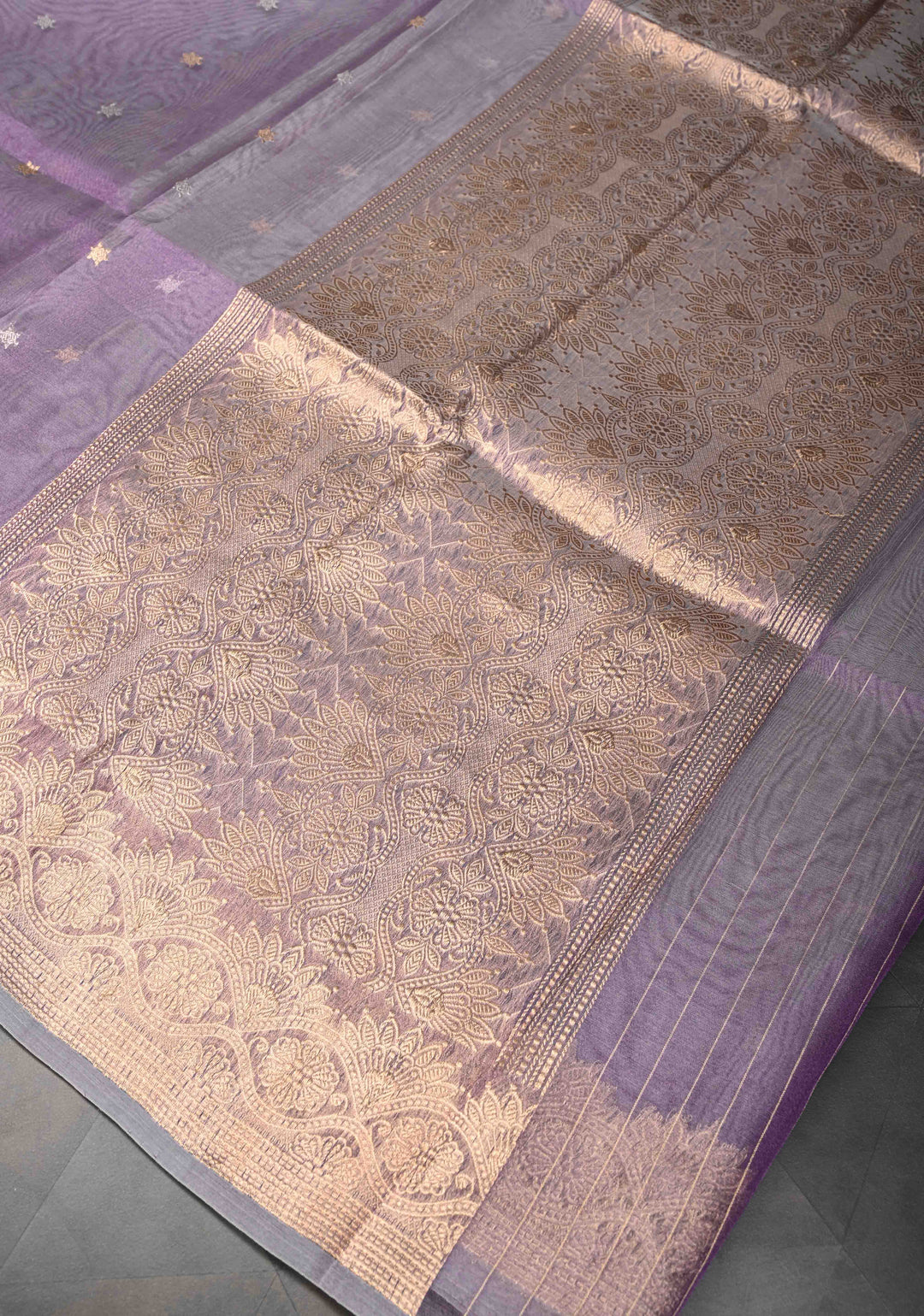 Lavender Pure Banarasi Organza Tissue Silk Saree with Sona Rupa Star Buttis and Zari Border | SILK MARK CERTIFIED