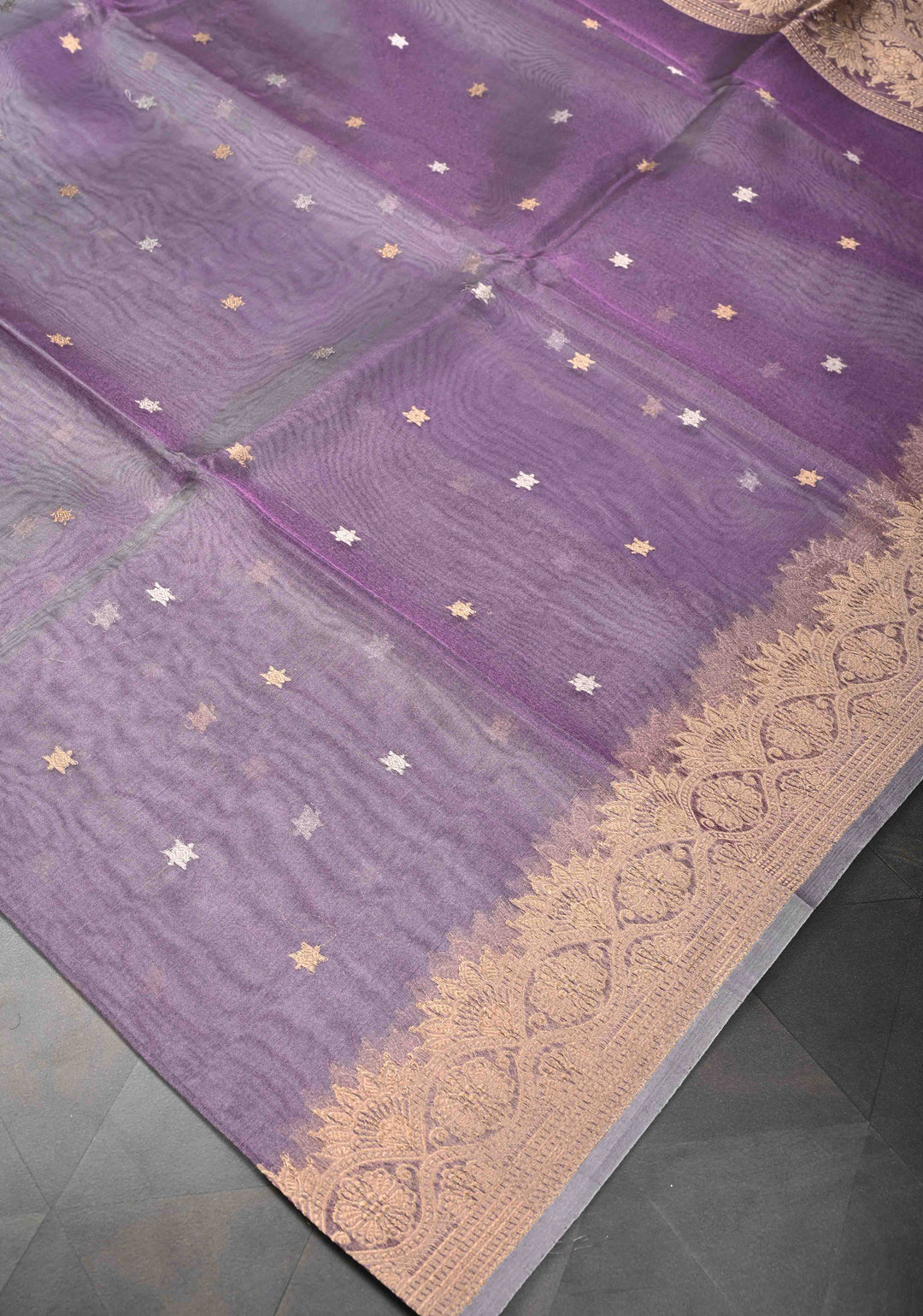 Lavender Pure Banarasi Organza Tissue Silk Saree with Sona Rupa Star Buttis and Zari Border | SILK MARK CERTIFIED