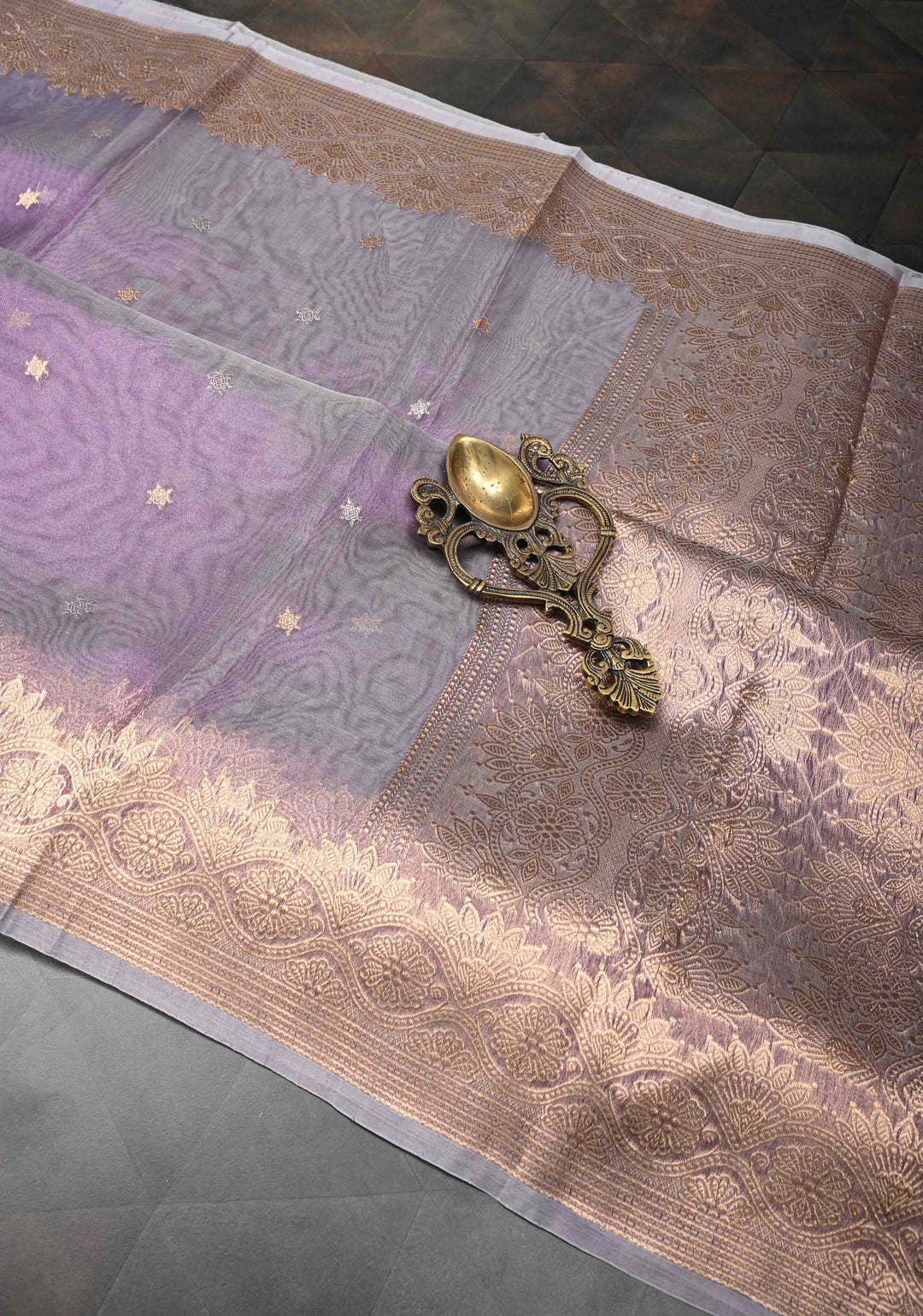 Lavender Pure Banarasi Organza Tissue Silk Saree with Sona Rupa Star Buttis and Zari Border | SILK MARK CERTIFIED