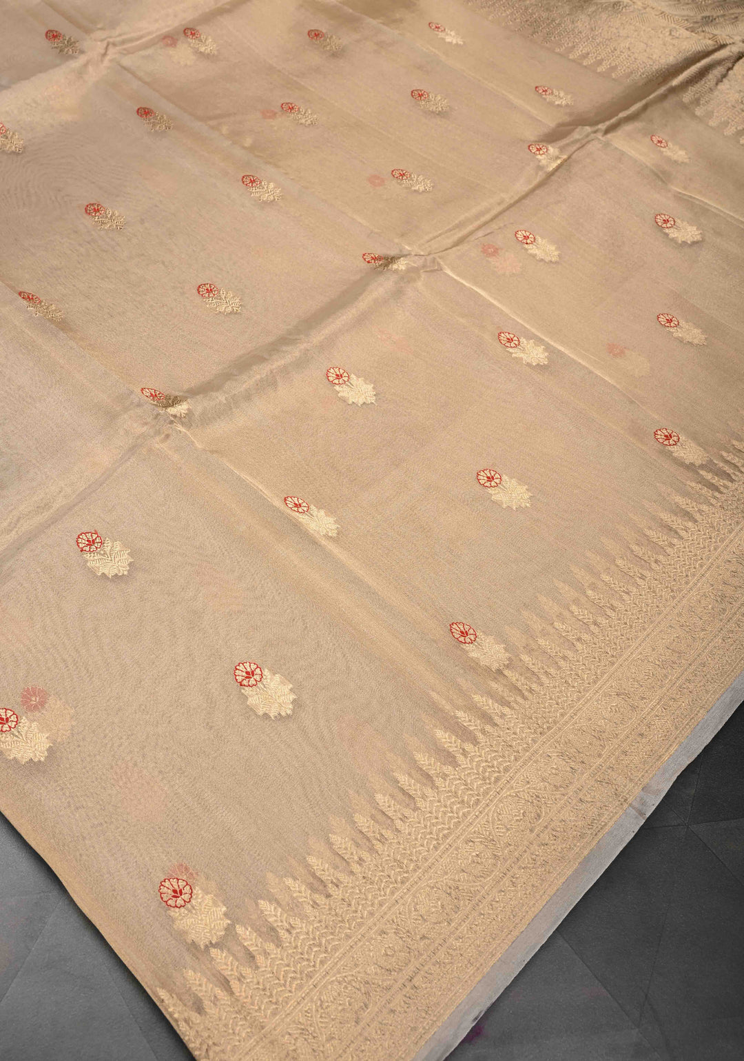 Beige Pure Banarasi Organza Tissue Silk Saree with Meenakari Buttas and Zari Border | SILK MARK CERTIFIED