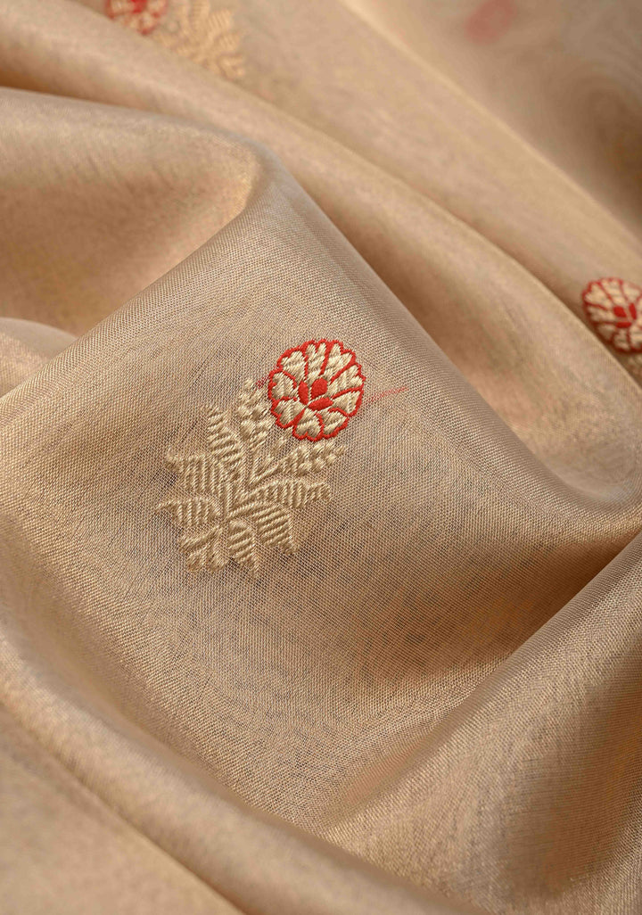 Beige Pure Banarasi Organza Tissue Silk Saree with Meenakari Buttas and Zari Border | SILK MARK CERTIFIED