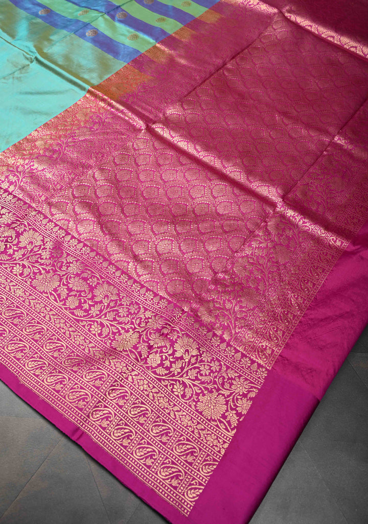 Cyan-Sea Green Pure Banarasi Katan Silk Saree with Zari Buttas and Contrast Zari Border | SILK MARK CERTIFIED