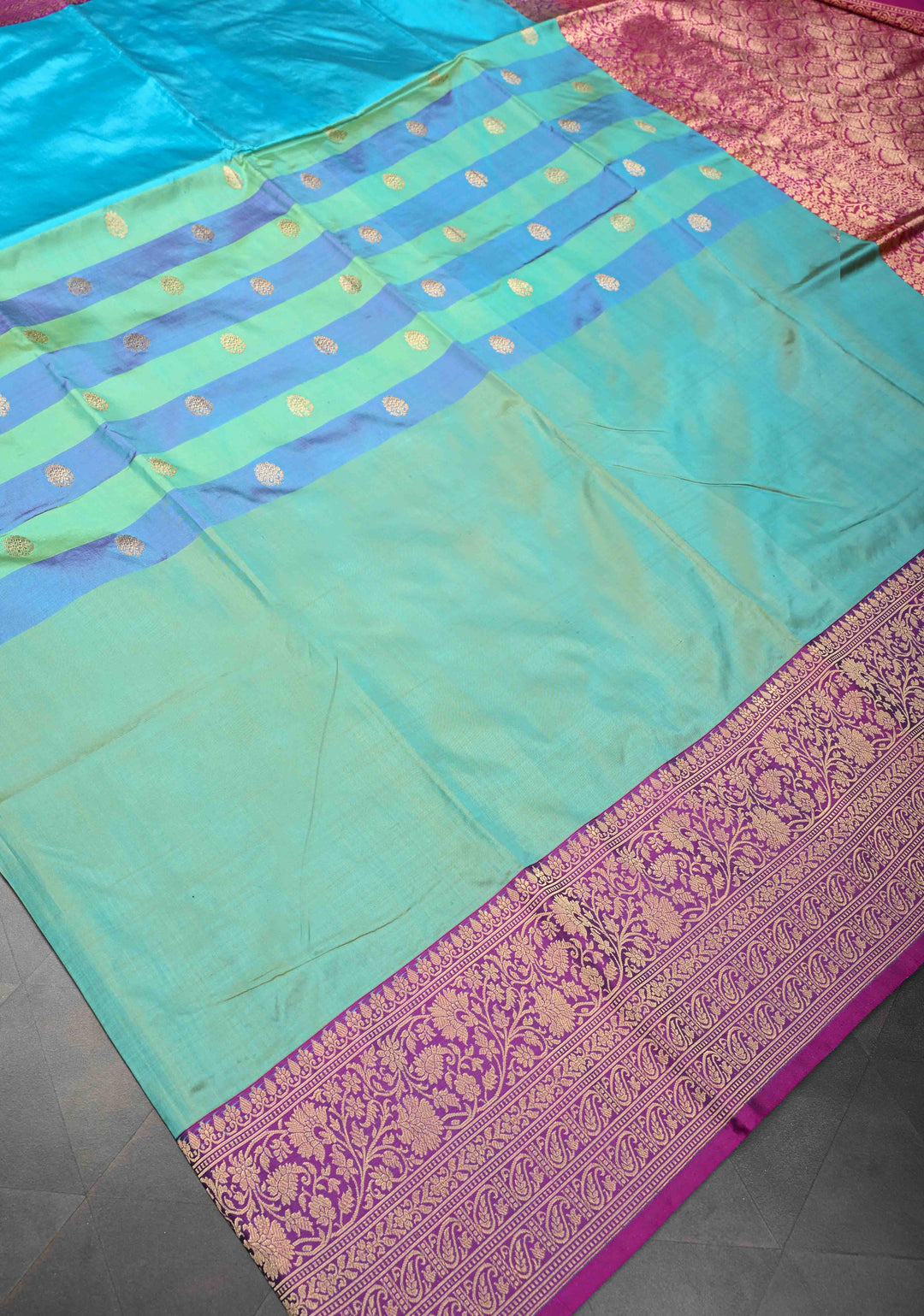 Cyan-Sea Green Pure Banarasi Katan Silk Saree with Zari Buttas and Contrast Zari Border | SILK MARK CERTIFIED