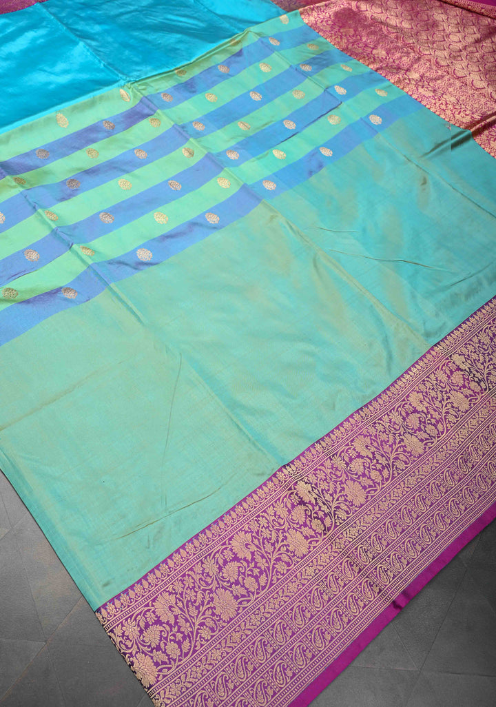 Cyan-Sea Green Pure Banarasi Katan Silk Saree with Zari Buttas and Contrast Zari Border | SILK MARK CERTIFIED