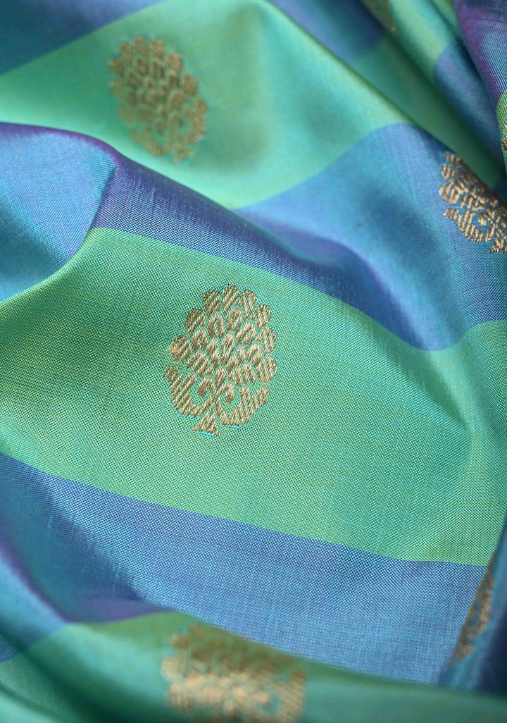 Cyan-Sea Green Pure Banarasi Katan Silk Saree with Zari Buttas and Contrast Zari Border | SILK MARK CERTIFIED