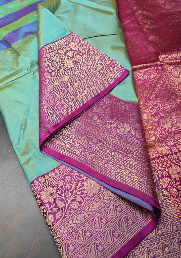 Cyan-Sea Green Pure Banarasi Katan Silk Saree with Zari Buttas and Contrast Zari Border | SILK MARK CERTIFIED