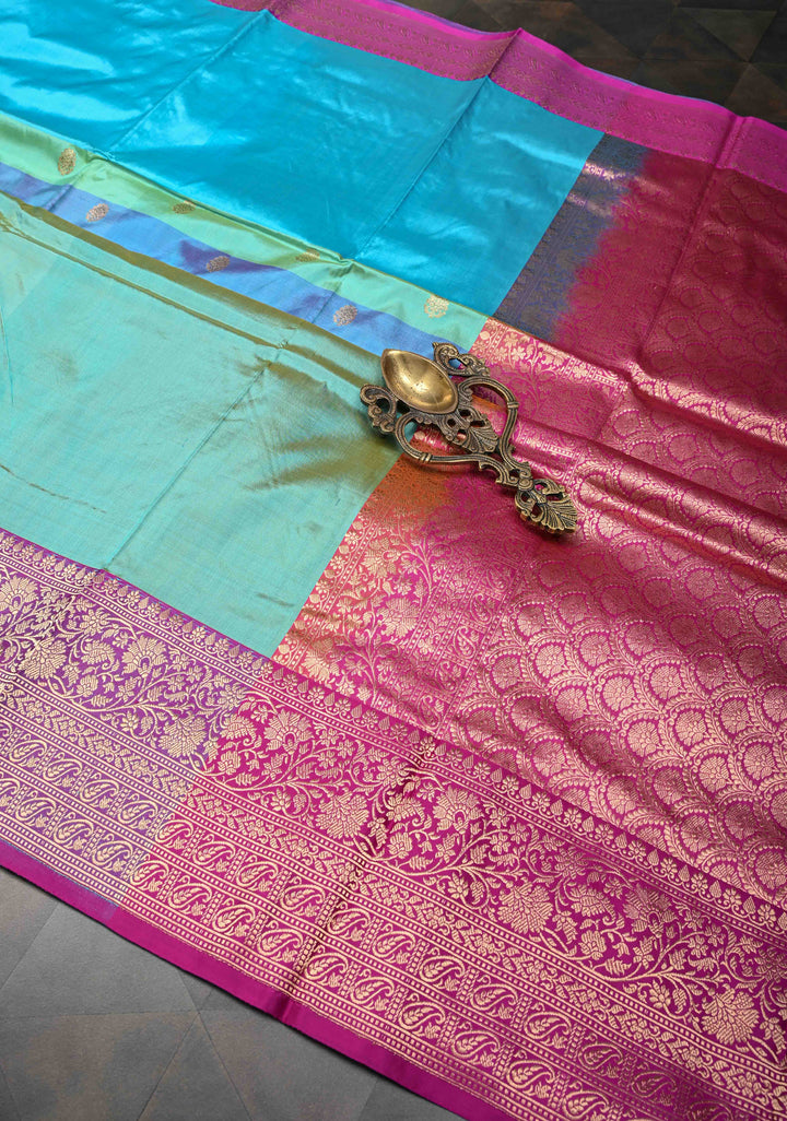Cyan-Sea Green Pure Banarasi Katan Silk Saree with Zari Buttas and Contrast Zari Border | SILK MARK CERTIFIED