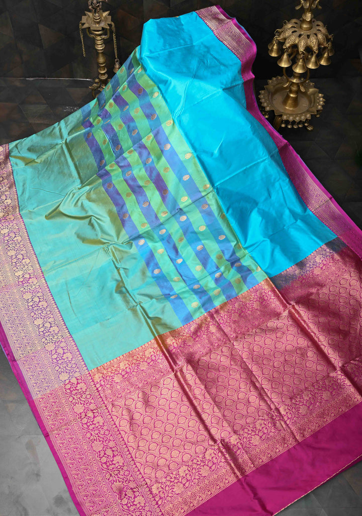 Cyan-Sea Green Pure Banarasi Katan Silk Saree with Zari Buttas and Contrast Zari Border | SILK MARK CERTIFIED