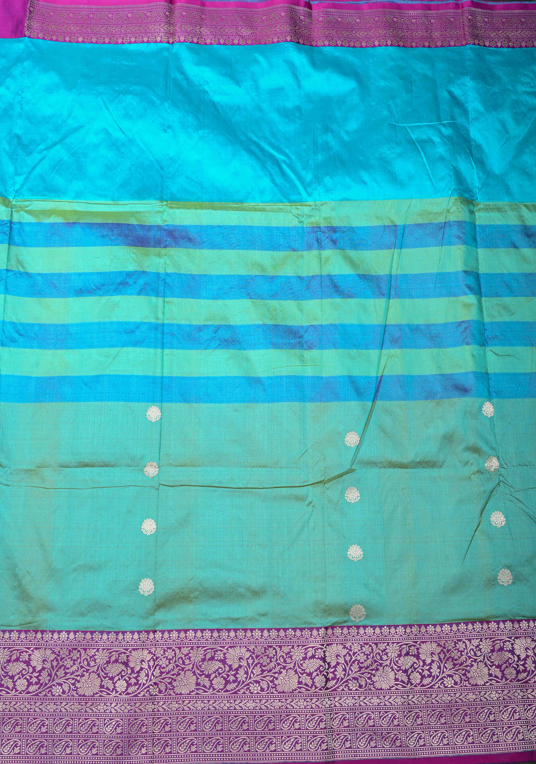 Aqua Blue-Sea Green Shades Pure Banarasi Katan Silk Saree with Zari Buttas and Contrast Zari Border | SILK MARK CERTIFIED