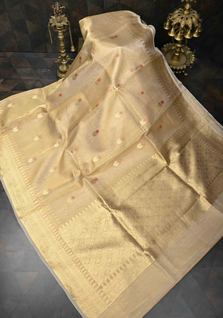 Stunning Golden Tissue Pure Silk Banarasi Saree with Meenakari Motifs and Gold Zari Border | SILK MARK CERTIFIED