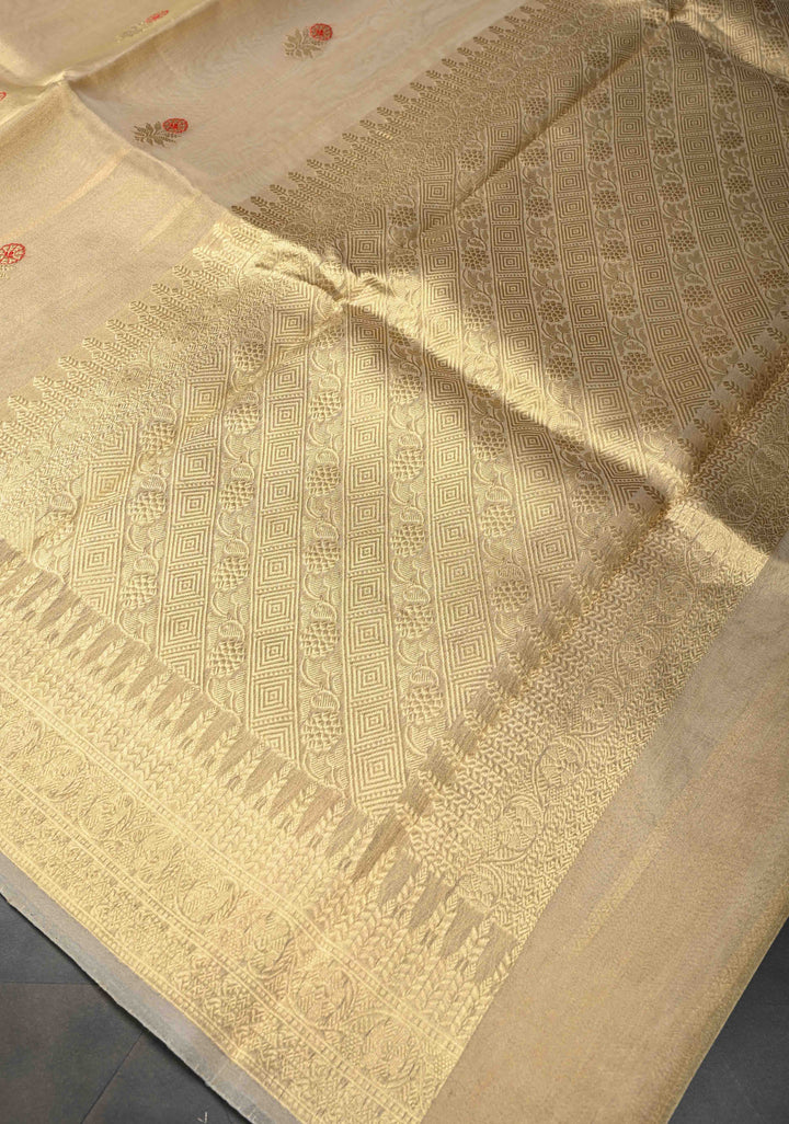 Stunning Golden Tissue Pure Silk Banarasi Saree with Meenakari Motifs and Gold Zari Border | SILK MARK CERTIFIED