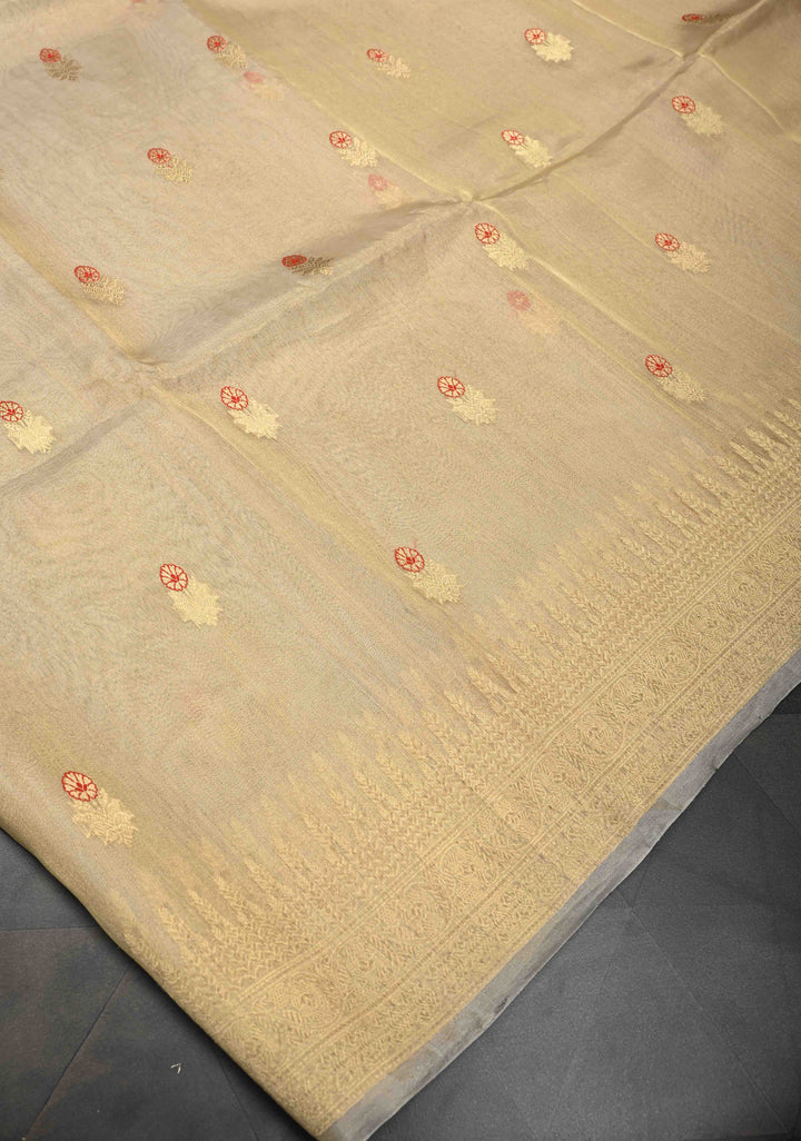 Stunning Golden Tissue Pure Silk Banarasi Saree with Meenakari Motifs and Gold Zari Border | SILK MARK CERTIFIED
