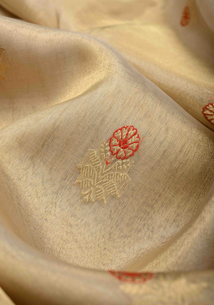 Stunning Golden Tissue Pure Silk Banarasi Saree with Meenakari Motifs and Gold Zari Border | SILK MARK CERTIFIED