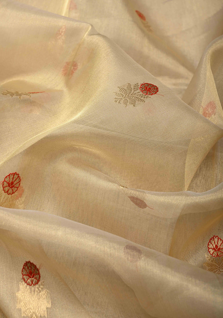 Stunning Golden Tissue Pure Silk Banarasi Saree with Meenakari Motifs and Gold Zari Border | SILK MARK CERTIFIED