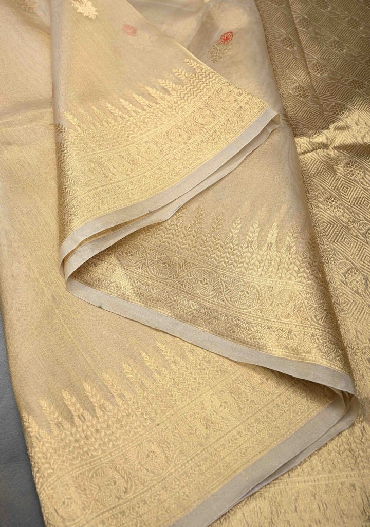 Stunning Golden Tissue Pure Silk Banarasi Saree with Meenakari Motifs and Gold Zari Border | SILK MARK CERTIFIED