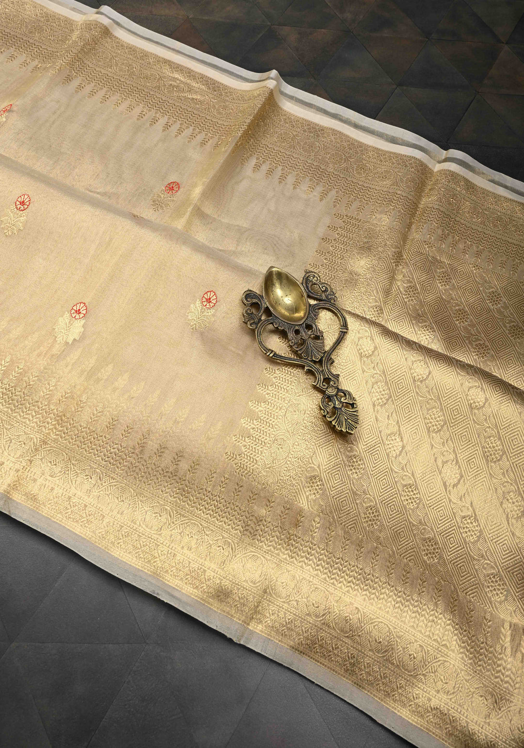 Stunning Golden Tissue Pure Silk Banarasi Saree with Meenakari Motifs and Gold Zari Border | SILK MARK CERTIFIED