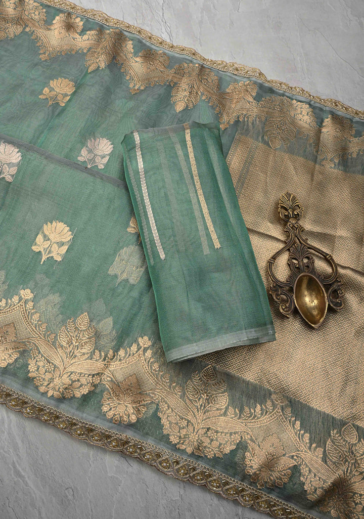 Dusty Teal Pure Banarasi Organza Silk Saree with Sona Rupa Buttas and Scallop Lace Border | SILK MARK CERTIFIED