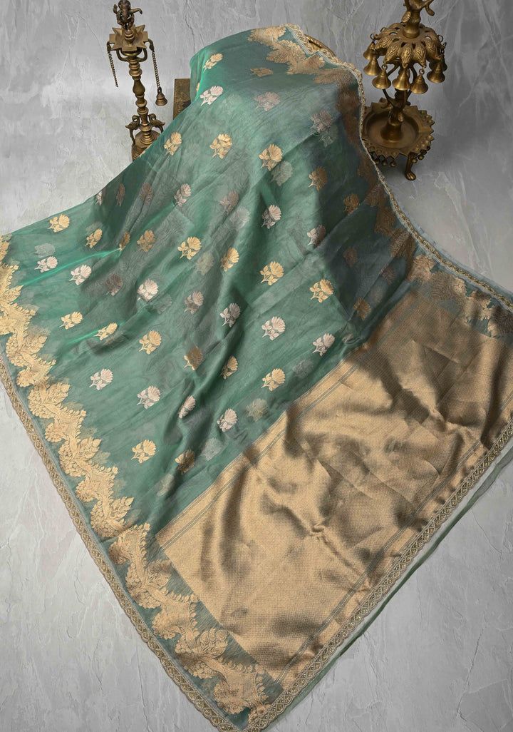Dusty Teal Pure Banarasi Organza Silk Saree with Sona Rupa Buttas and Scallop Lace Border | SILK MARK CERTIFIED