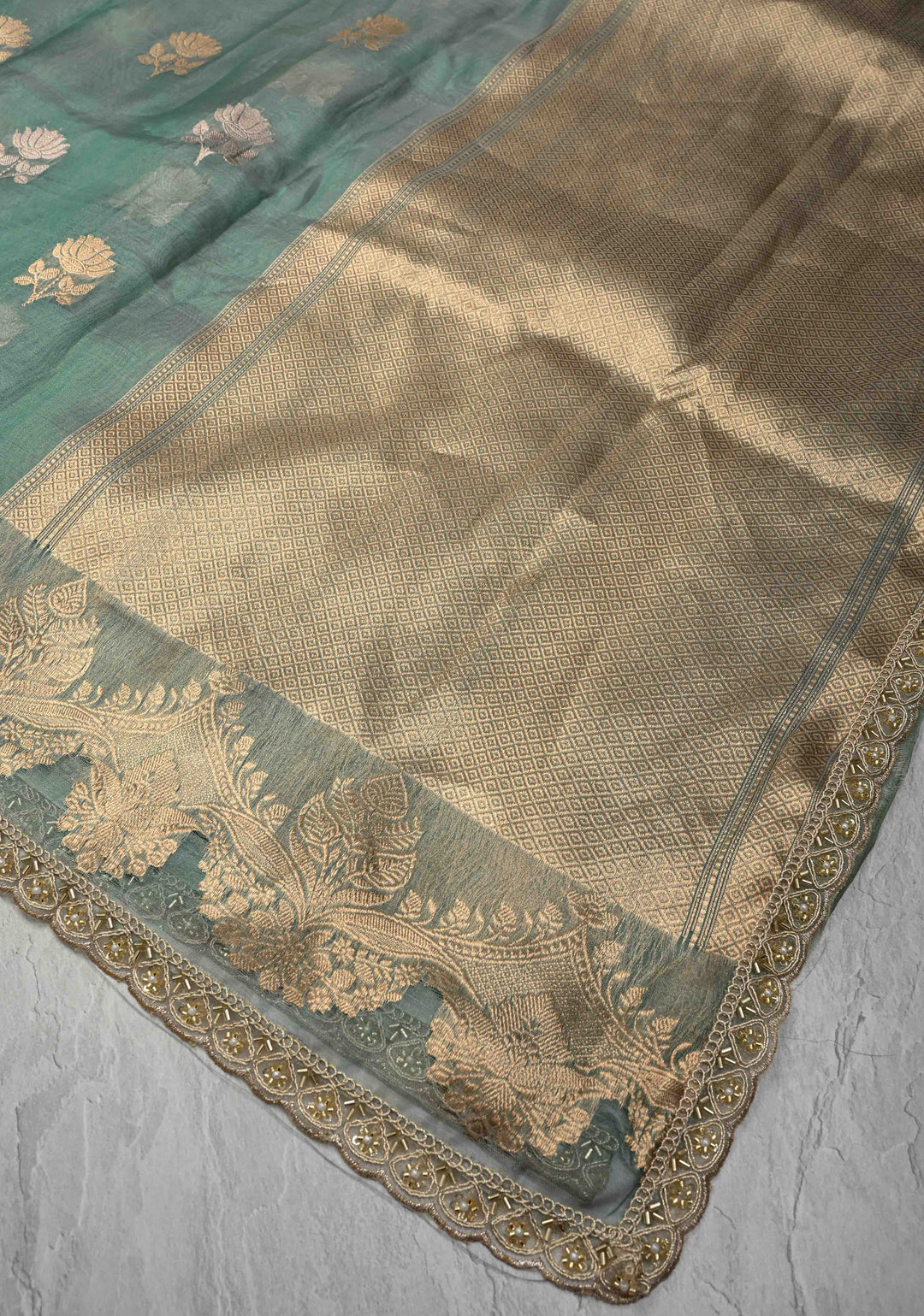 Dusty Teal Pure Banarasi Organza Silk Saree with Sona Rupa Buttas and Scallop Lace Border | SILK MARK CERTIFIED