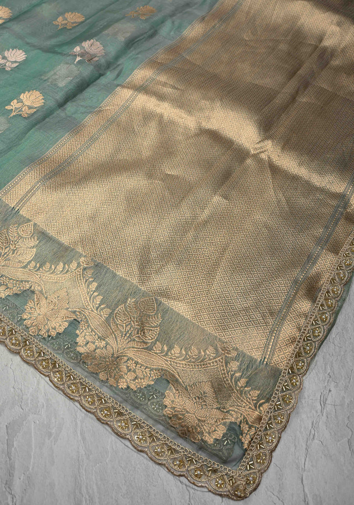 Dusty Teal Pure Banarasi Organza Silk Saree with Sona Rupa Buttas and Scallop Lace Border | SILK MARK CERTIFIED