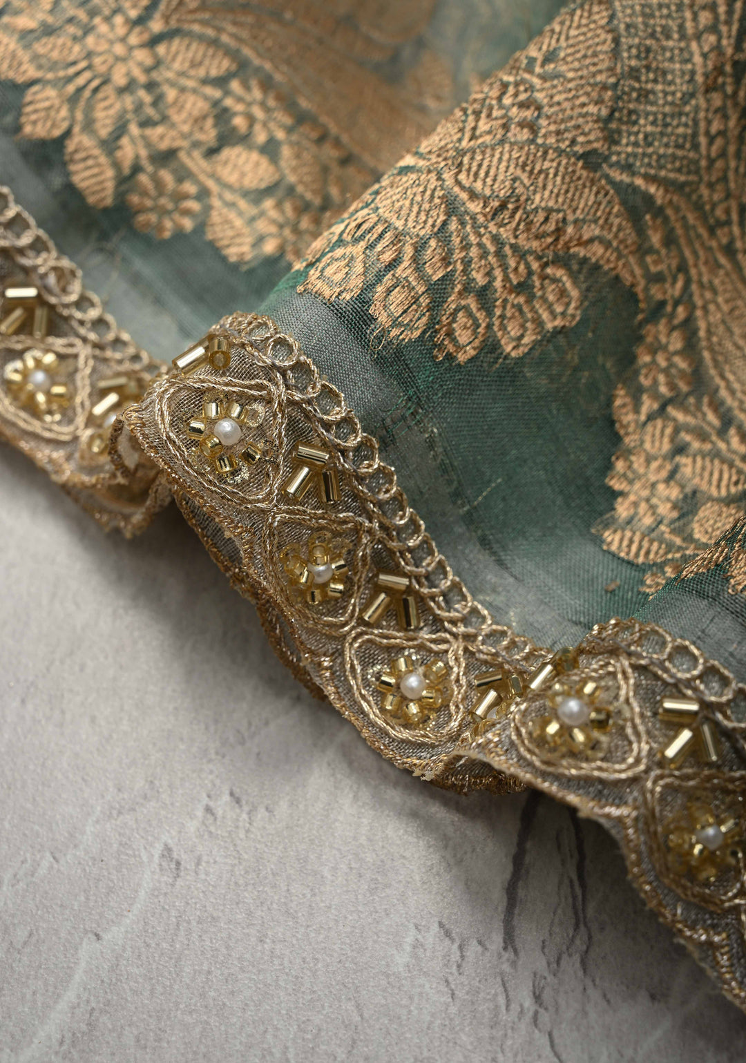 Dusty Teal Pure Banarasi Organza Silk Saree with Sona Rupa Buttas and Scallop Lace Border | SILK MARK CERTIFIED