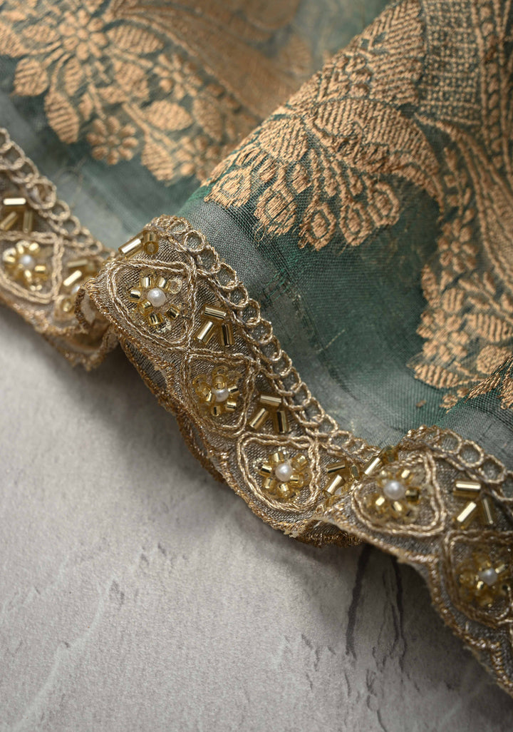 Dusty Teal Pure Banarasi Organza Silk Saree with Sona Rupa Buttas and Scallop Lace Border | SILK MARK CERTIFIED