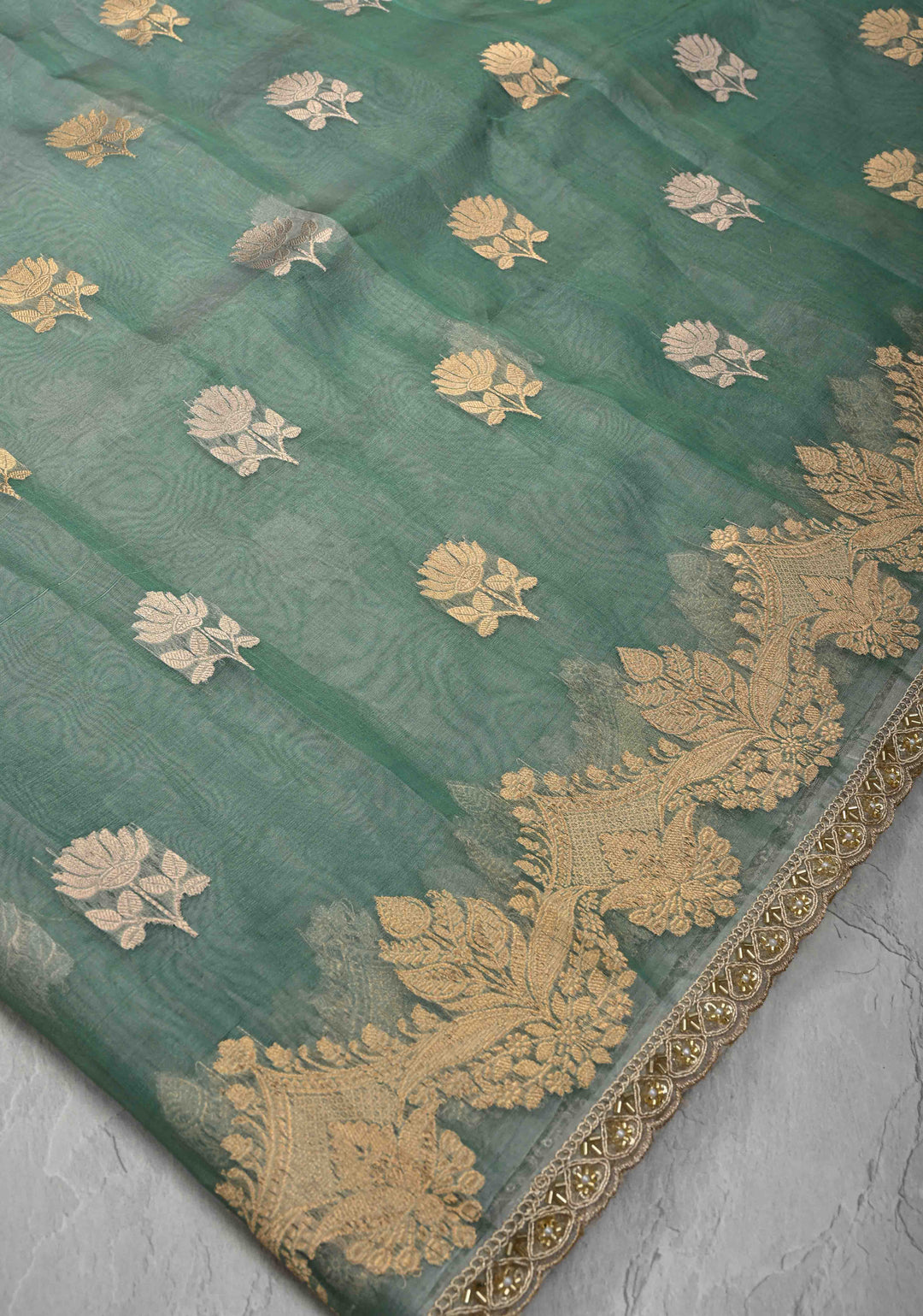 Dusty Teal Pure Banarasi Organza Silk Saree with Sona Rupa Buttas and Scallop Lace Border | SILK MARK CERTIFIED