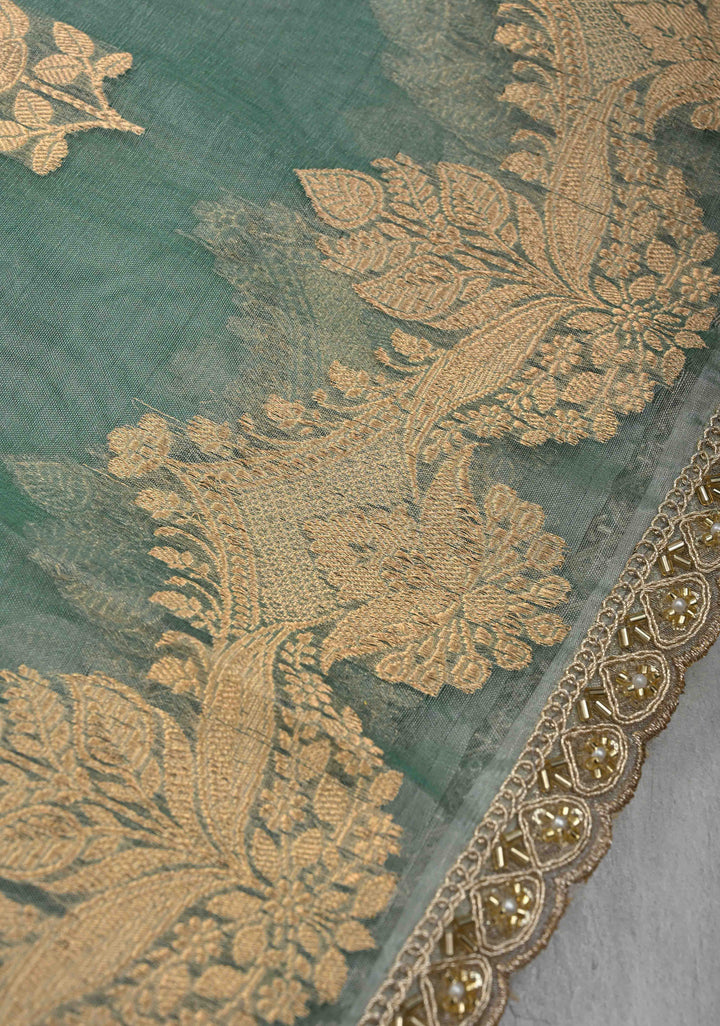 Dusty Teal Pure Banarasi Organza Silk Saree with Sona Rupa Buttas and Scallop Lace Border | SILK MARK CERTIFIED