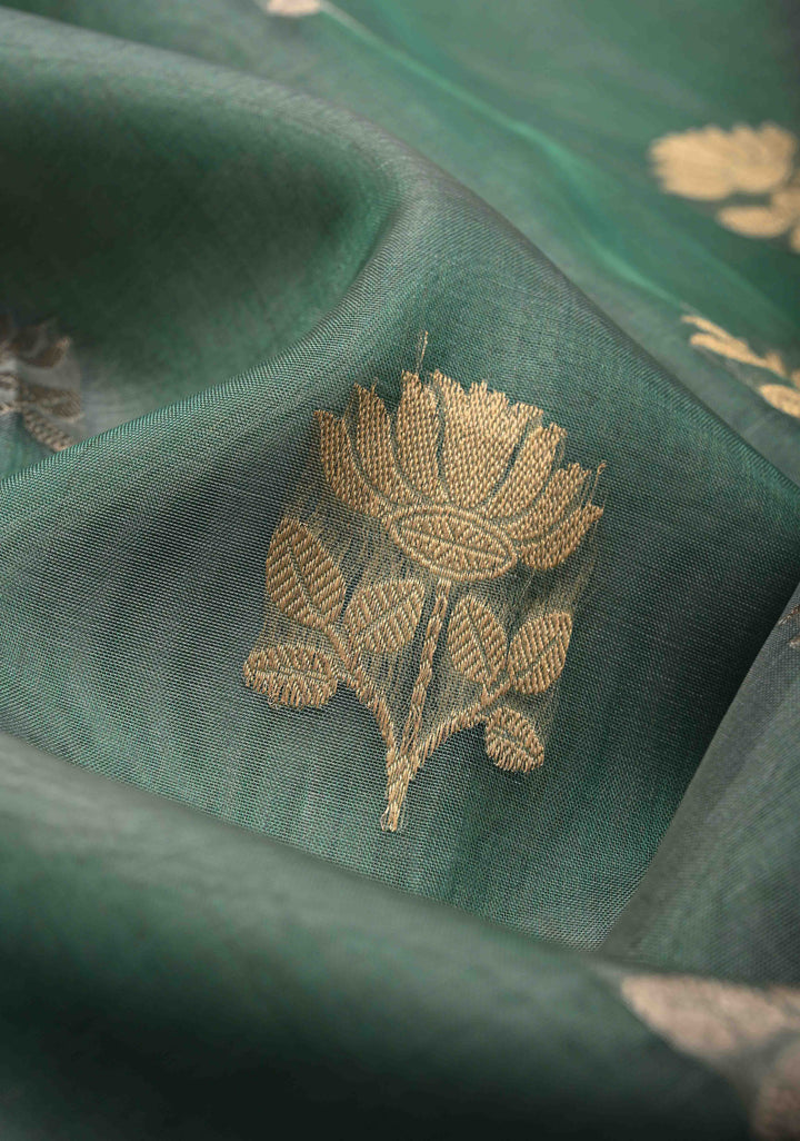 Dusty Teal Pure Banarasi Organza Silk Saree with Sona Rupa Buttas and Scallop Lace Border | SILK MARK CERTIFIED