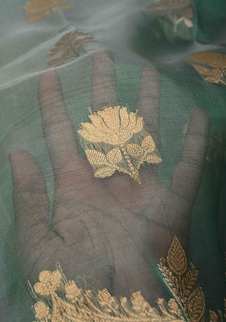 Dusty Teal Pure Banarasi Organza Silk Saree with Sona Rupa Buttas and Scallop Lace Border | SILK MARK CERTIFIED