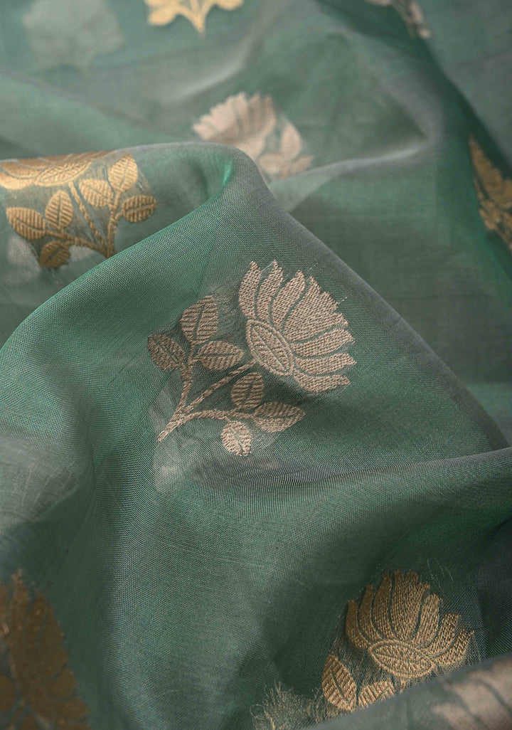 Dusty Teal Pure Banarasi Organza Silk Saree with Sona Rupa Buttas and Scallop Lace Border | SILK MARK CERTIFIED