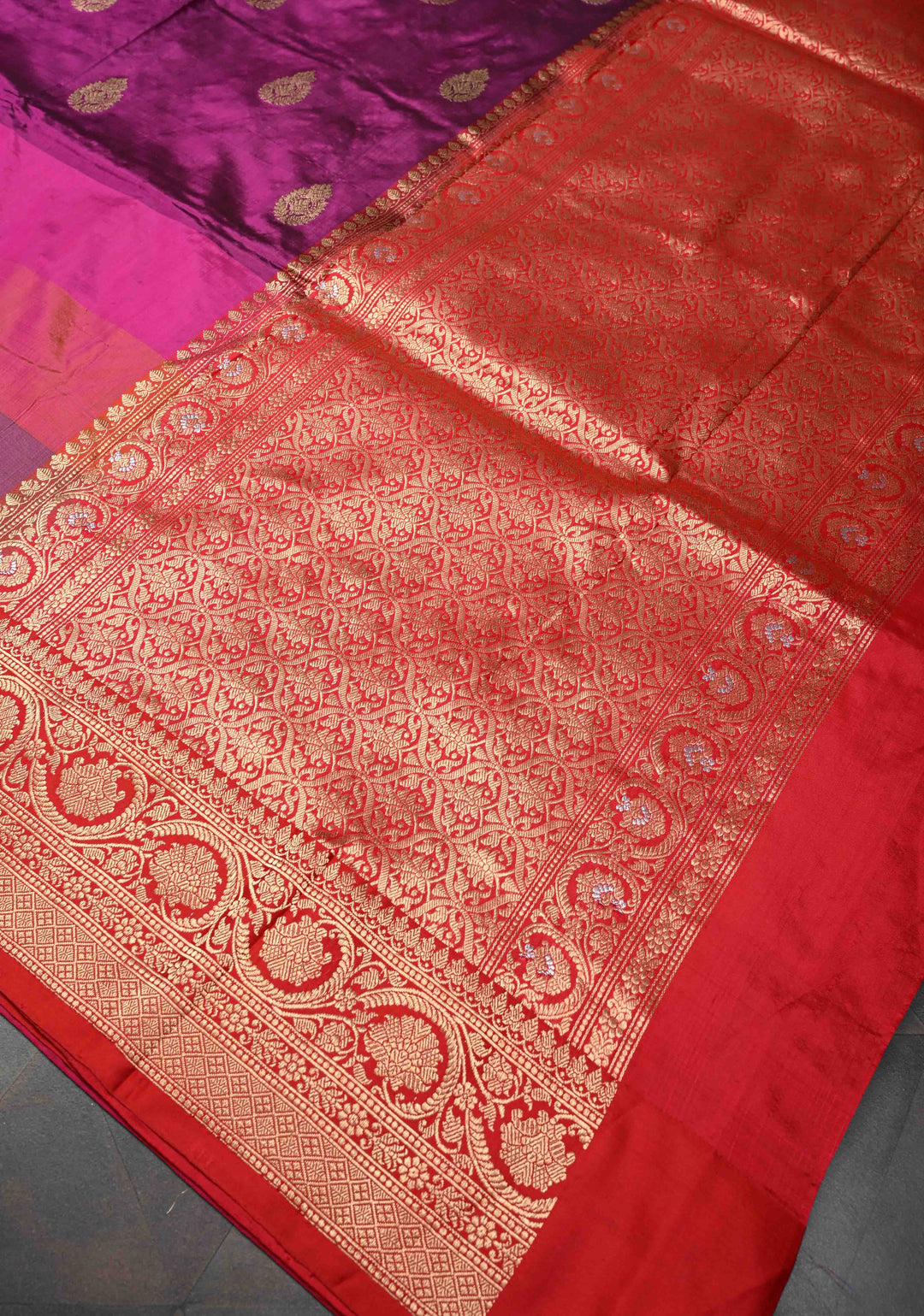 Magenta Zari Buttas on Pure Banarasi Katan Silk Saree with Multicolor Stripes and Zari Border | SILK MARK CERTIFIED