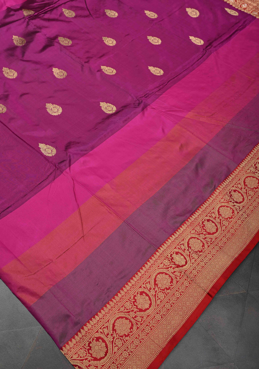 Magenta Zari Buttas on Pure Banarasi Katan Silk Saree with Multicolor Stripes and Zari Border | SILK MARK CERTIFIED