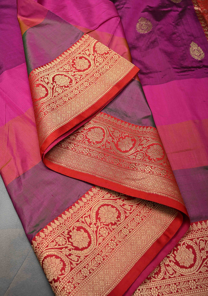 Magenta Zari Buttas on Pure Banarasi Katan Silk Saree with Multicolor Stripes and Zari Border | SILK MARK CERTIFIED