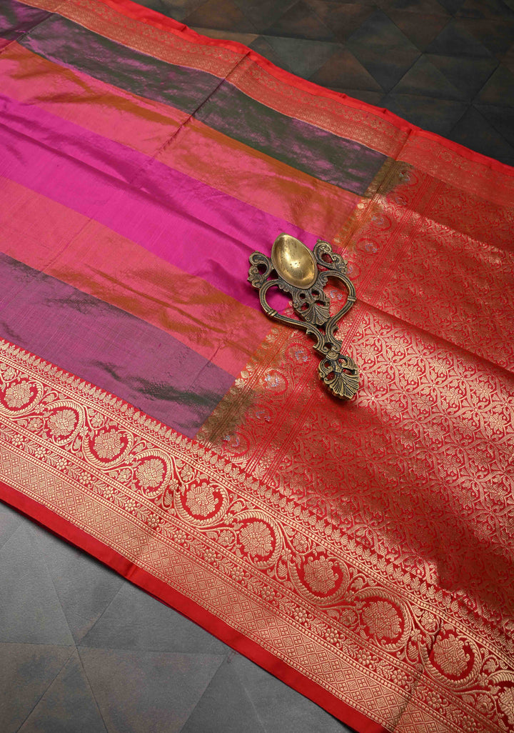 Magenta Zari Buttas on Pure Banarasi Katan Silk Saree with Multicolor Stripes and Zari Border | SILK MARK CERTIFIED