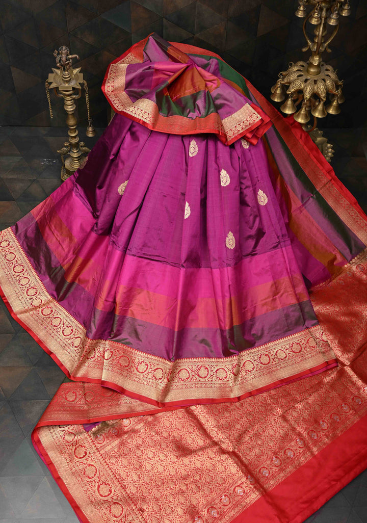 Magenta Zari Buttas on Pure Banarasi Katan Silk Saree with Multicolor Stripes and Zari Border | SILK MARK CERTIFIED