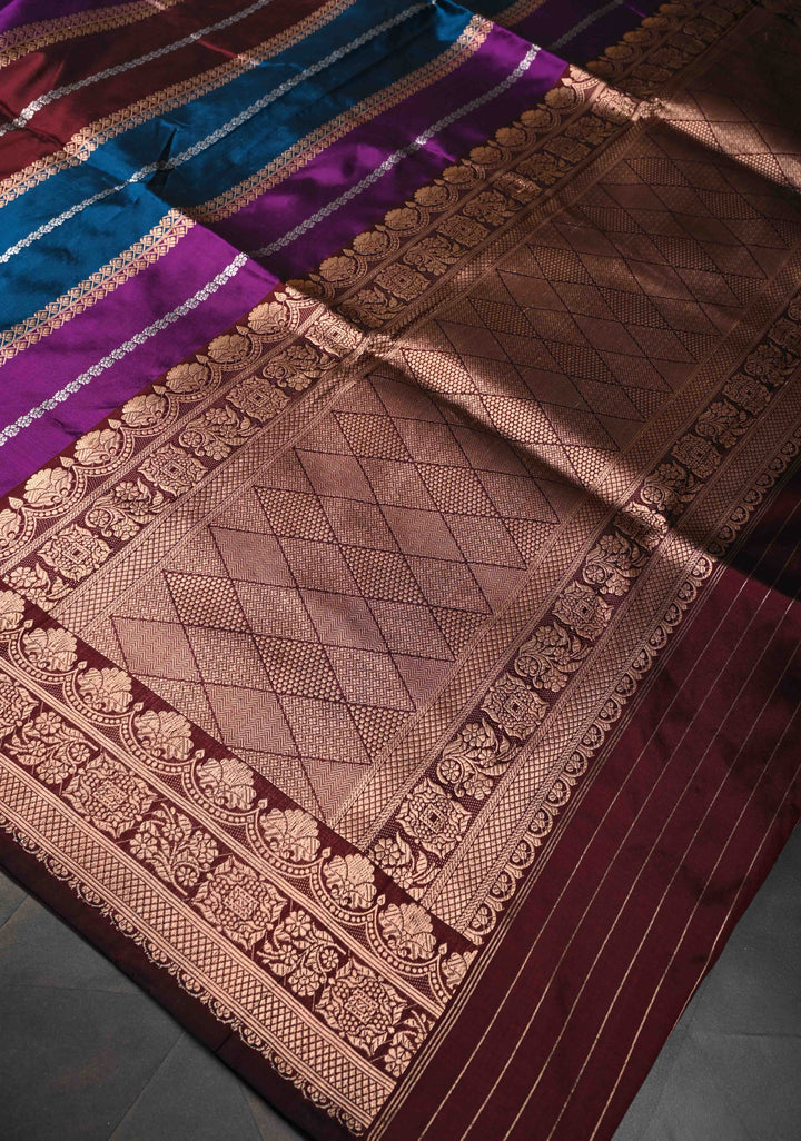 Multicolor Banarasi Katan Silk Saree with Rangkaat Style Pattern and Scallop Border | SILK MARK CERTIFIED