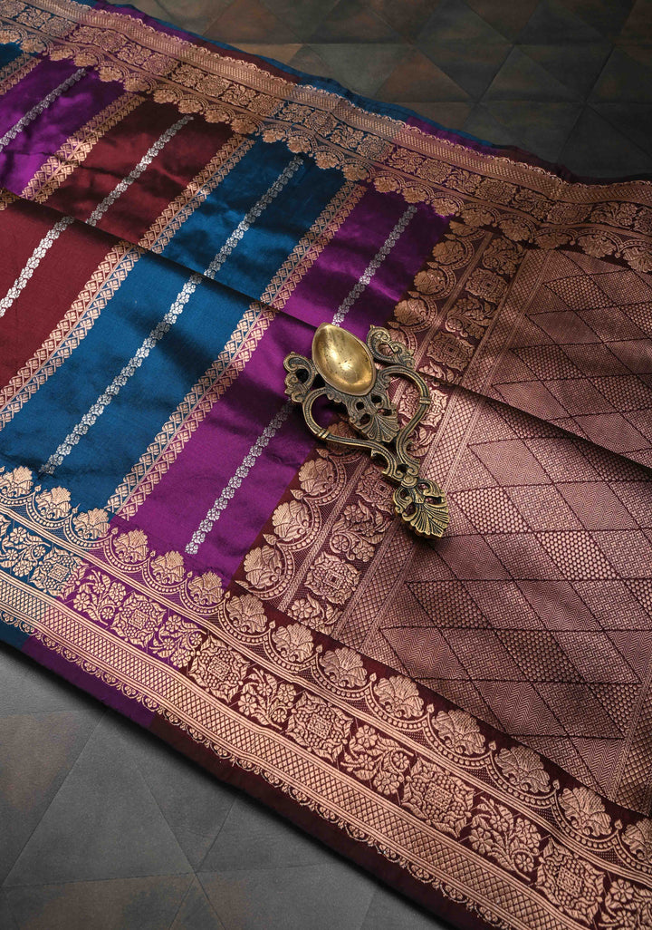 Multicolor Banarasi Katan Silk Saree with Rangkaat Style Pattern and Scallop Border | SILK MARK CERTIFIED