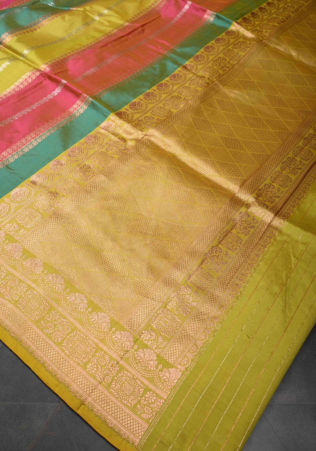 Multicolor Banarasi Katan Silk Saree with Rangkaat Style Pattern and Scallop Border | SILK MARK CERTIFIED