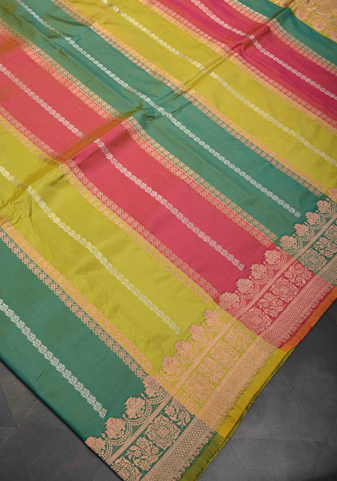Multicolor Banarasi Katan Silk Saree with Rangkaat Style Pattern and Scallop Border | SILK MARK CERTIFIED