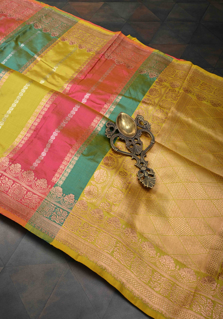 Multicolor Banarasi Katan Silk Saree with Rangkaat Style Pattern and Scallop Border | SILK MARK CERTIFIED