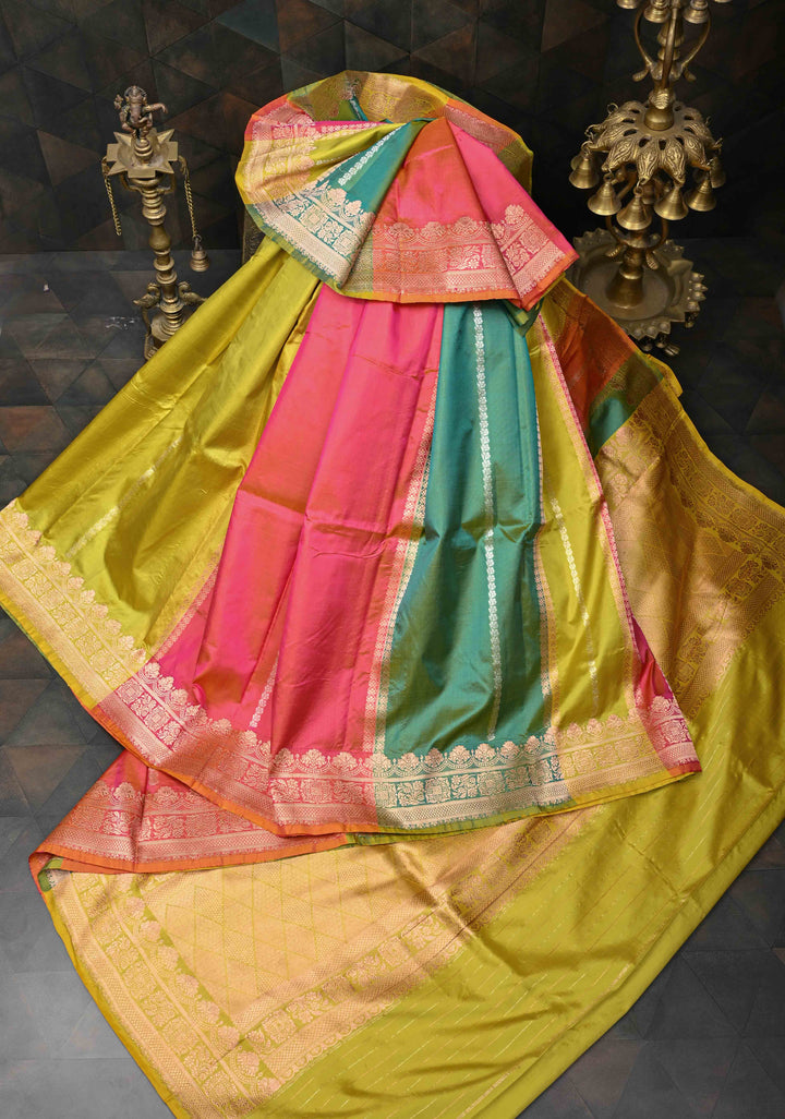 Multicolor Banarasi Katan Silk Saree with Rangkaat Style Pattern and Scallop Border | SILK MARK CERTIFIED