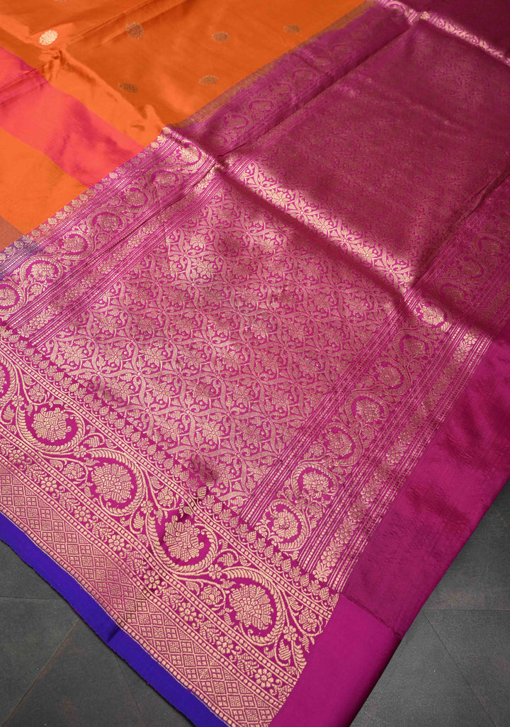 Orange Zari Buttas on Pure Banarasi Katan Silk Saree with Multicolor Stripes and Zari Border | SILK MARK CERTIFIED