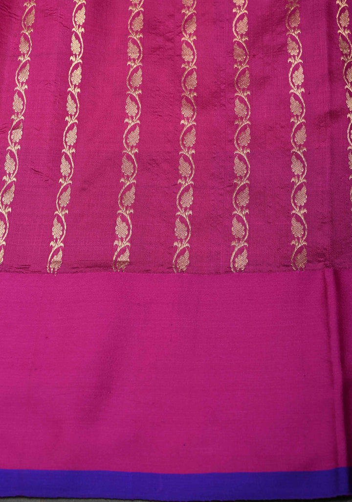 Orange Zari Buttas on Pure Banarasi Katan Silk Saree with Multicolor Stripes and Zari Border | SILK MARK CERTIFIED