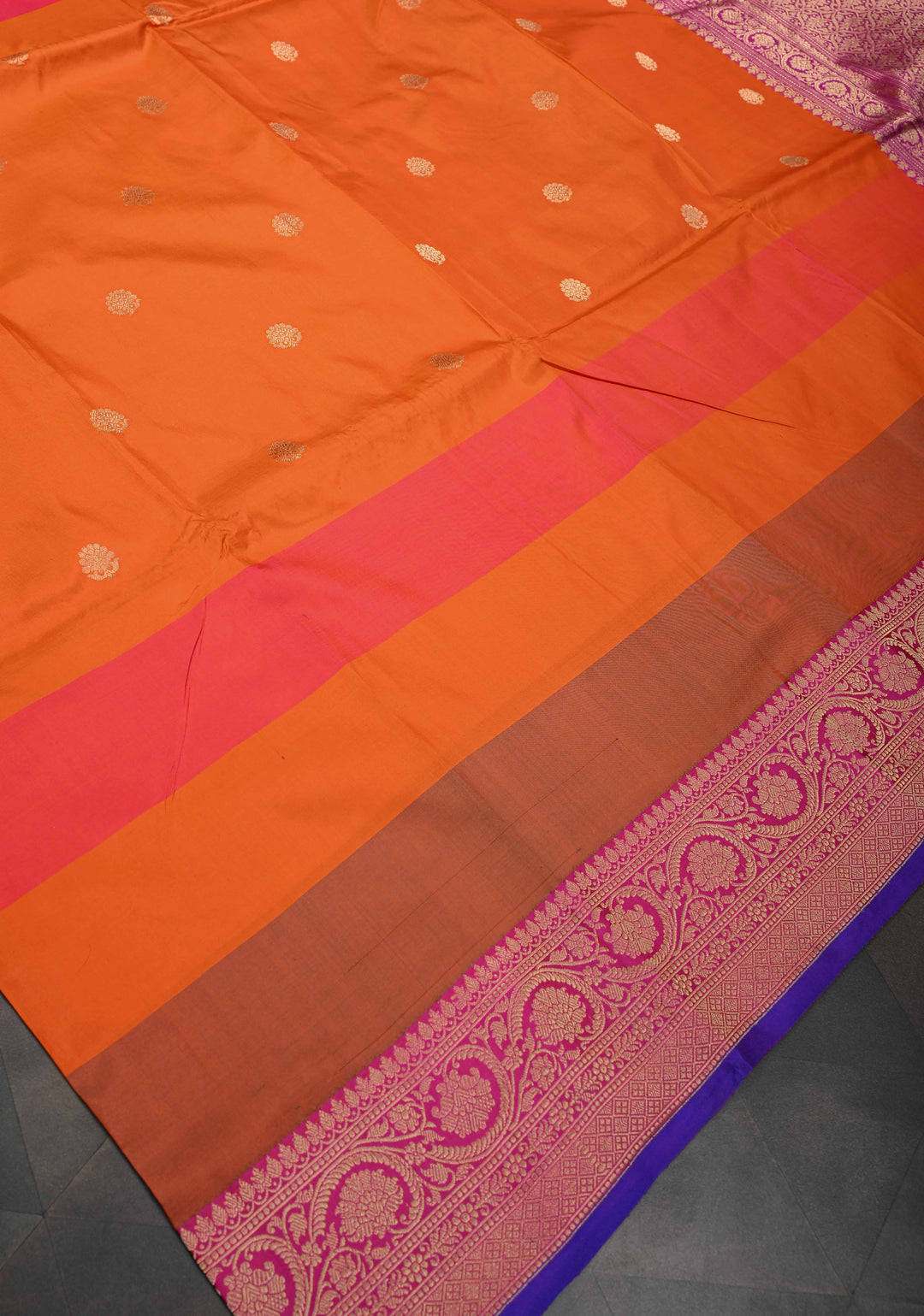 Orange Zari Buttas on Pure Banarasi Katan Silk Saree with Multicolor Stripes and Zari Border | SILK MARK CERTIFIED