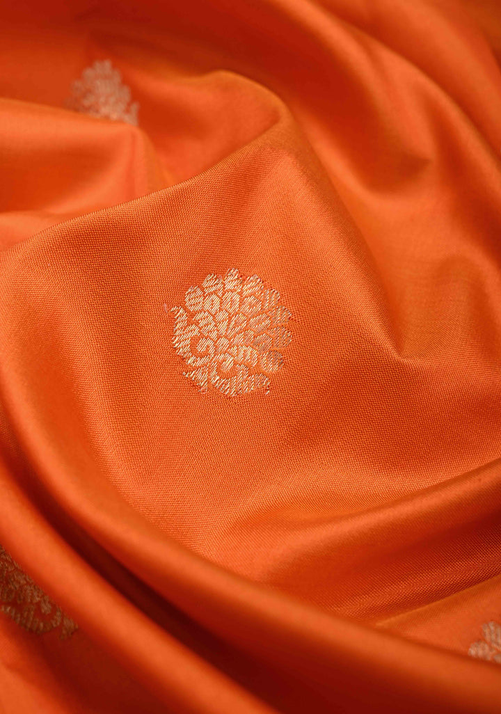 Orange Zari Buttas on Pure Banarasi Katan Silk Saree with Multicolor Stripes and Zari Border | SILK MARK CERTIFIED