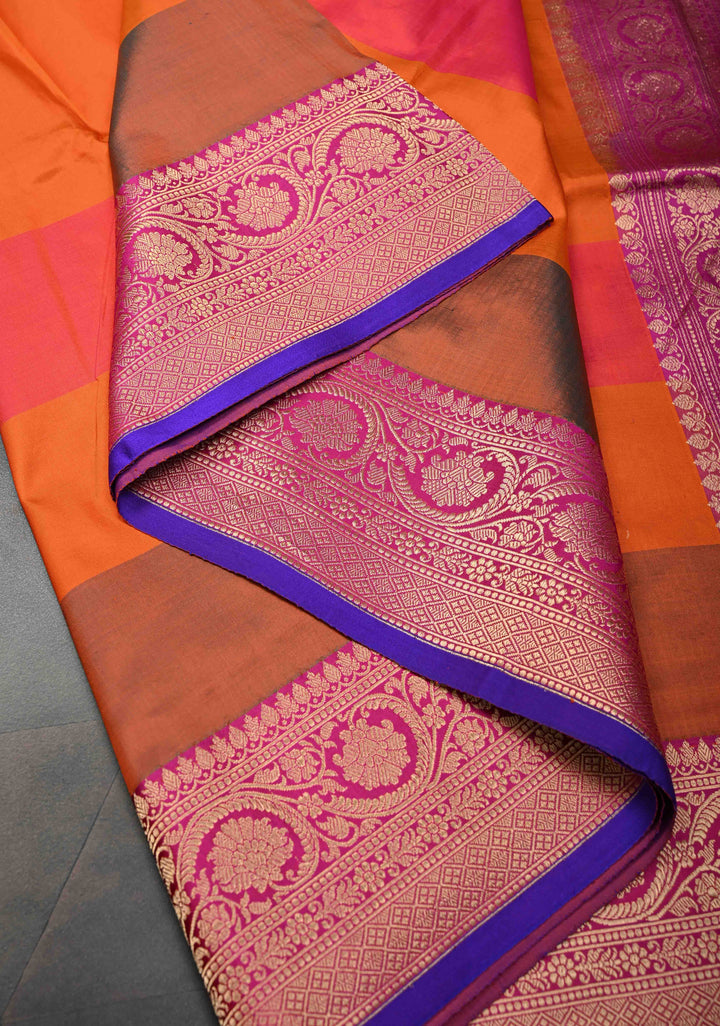 Orange Zari Buttas on Pure Banarasi Katan Silk Saree with Multicolor Stripes and Zari Border | SILK MARK CERTIFIED
