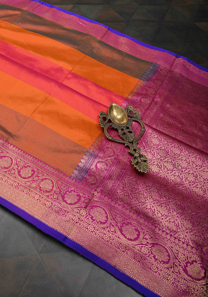 Orange Zari Buttas on Pure Banarasi Katan Silk Saree with Multicolor Stripes and Zari Border | SILK MARK CERTIFIED