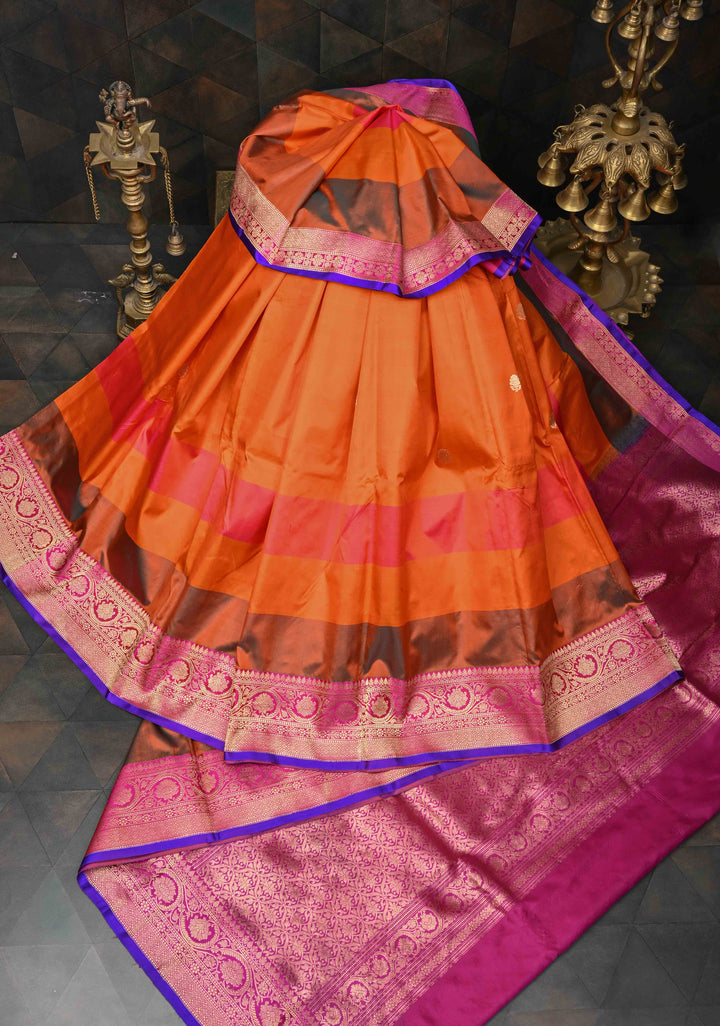 Orange Zari Buttas on Pure Banarasi Katan Silk Saree with Multicolor Stripes and Zari Border | SILK MARK CERTIFIED